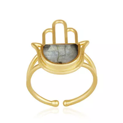 Hamsa Hand Designer Labradorite Gemstone 18k Gold Plated Silver Ring Jewelry • £17.33