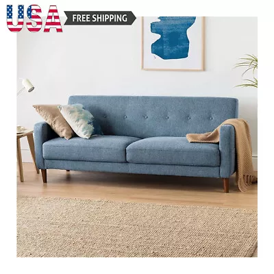 Mid Century Modern Sofa Couch Armrest Pockets Tufted Linen Fabric Heather Blue • $382.04