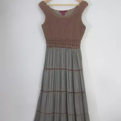 Vtg Mix Nouveau Womens M Taupe Gray Brown Cotton Gauze Crochet Tiered Maxi Dress • $34.99