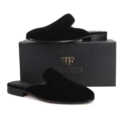 Handmade FERUCCI Men Plain Black Velvet Sandals  Slippers Loafers Flats • $139.99