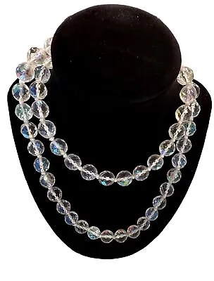 Vintage Crystal Necklace Facet Aurora Borealis Beads Single Strand 32” Long • $21