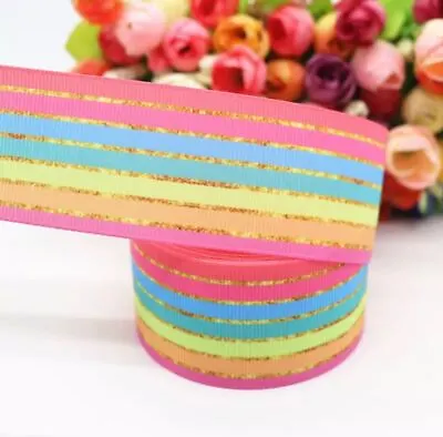 £1.99 • Buy Pretty Striped Grosgrain Ribbon With Gold Glitter Effect 38mm Wide Sold By The M