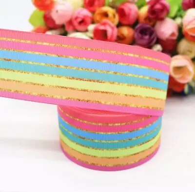 £1.99 • Buy Pretty Striped Grosgrain Ribbon With Gold Glitter Effect 38mm Wide Sold By The M