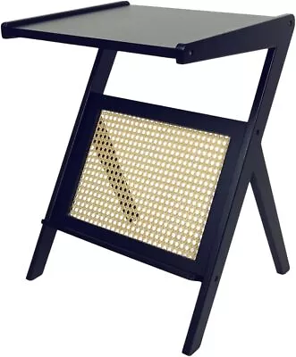 Rattan Side Table - Boho Nightstand Solid Wood Top Mid Century Modern Black  • $92.19