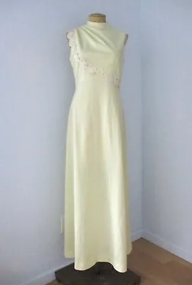 Vtg 70s Miss Rubette Citron Green Knit Maxi Dress Prom Gown Paisley Ribbon 12 • $38