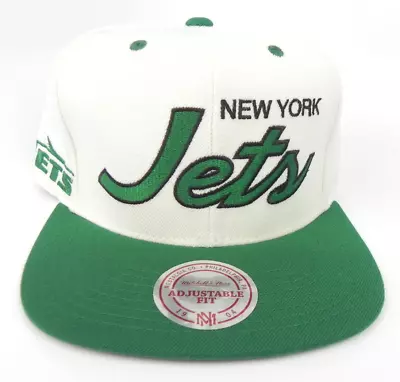 New York Jets Nfl Mitchell & Ness Script Vtg Logo 2-tone Snapback Cap Hat New! • $49.95