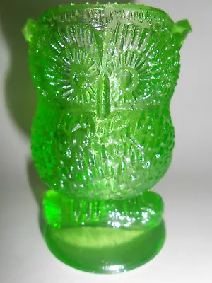 Green Vaseline Glass Owl Bird Toothpick / Toothbrush Q-tip Holder Uranium Match • $19.50