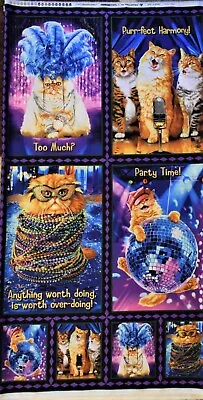 Robert Kaufman Party Time Cats Feathers Beads Mardi Gras Cotton Fabric Panel • $10.99