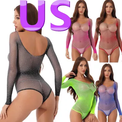 US Women's See Through Leotard Fishnet Long Sleeve Bodysuit Hollow Out Lingerie  • $8.49