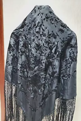 Shawl Piano Manton De Manila Birds Floral Black Solid Color Silk Embroidered 43  • $213