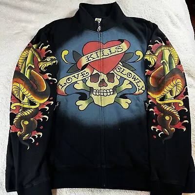 Y2K Ed Hardy Love Kills Slowly All Over Print Tattoo Vintage Jacket Size 2XL • $119.79