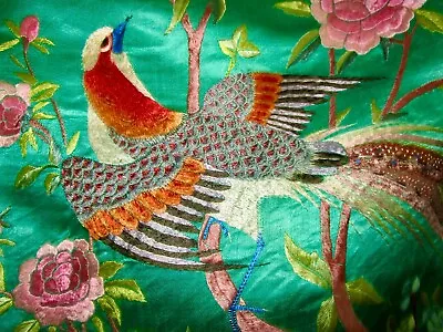 Lg Vintage Silk Embroidered Piano Shawl Hand Knotted Fringe Bird Motif 74x74  • $69.99