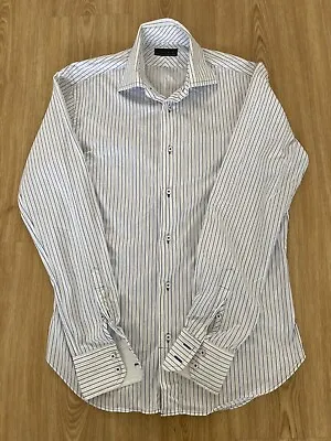 Zara Pinstripe Smart Shirt Mens White Blue Size 38 Long Sleeve • £4.50