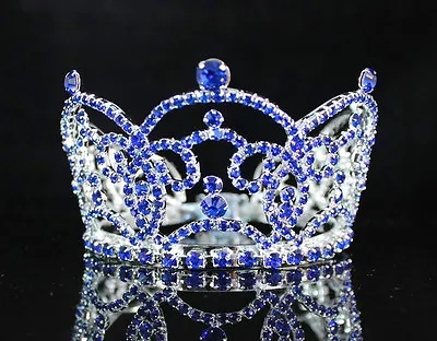 Mini Royal Blue Austrian Rhinestone Full Hair Crown Tiara Party Bridal M1371blue • $12.99