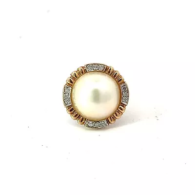 14K Solid Yellow Gold Cultured Mabé Pearl And Diamond Ring NR! • $46