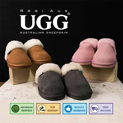 $38.95 • Buy UGG Real Aus 100% Australian Sheepskin Wool Women Slippers Chestnut Stone Pink 