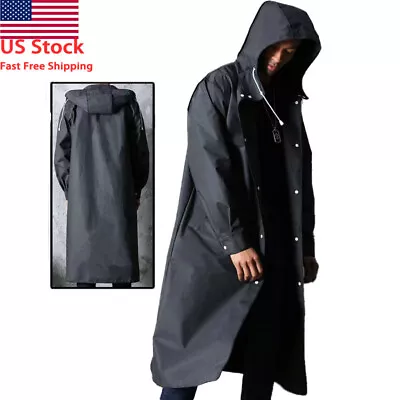 Men Black Waterproof Long Raincoat Rain Coat Hooded Trench Jacket Outdoor Hiking • $11.39
