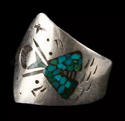 Vintage Sterling Native American Inlaid Turquoise T-Pee Ring • $95