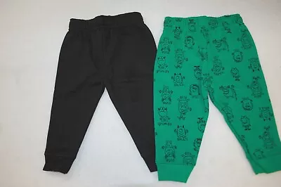 Baby Boys 2 PAIR LOT SWEATPANTS Solid Black GREEN MONSTERS Silly Grumpy 12 MO • $16.99