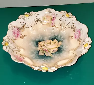 Atq Rs Prussia Crown Footed Bowl In A Bowl Lily Mold Yellow Roses 9 3/4  • $109.99