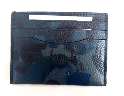 COACH BLUE Camo Men's Pebble Leather Flat ID Credit Card Case C6930 • $95.71