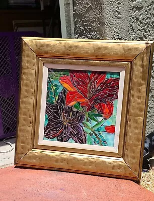 OOAK Stained Glass And Ceramic Mosaic Still Life Oriental Theme Framed Wall Art • $335