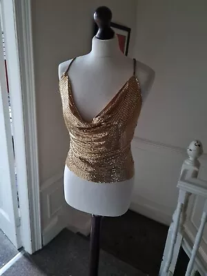 Vintage New Look Y2k 00s 90s Gold Chainmail Backless Cami Halter Top Cowl Disco • £100