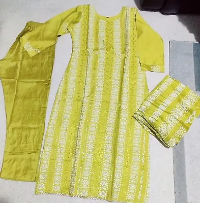 Eid Sale!!! Indian Pakistani Ladies Yellow Stitched Shalwar Trouser Suit M L • £22