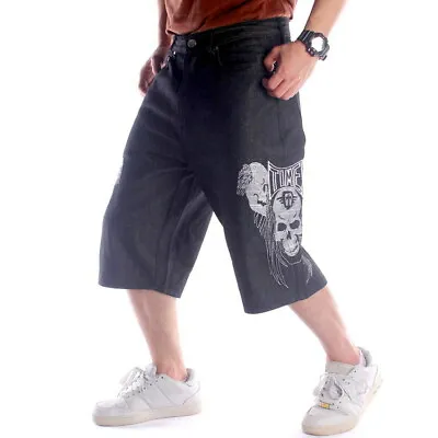 Mens Denim Shorts Jeans Capri Pants Embroidery Skull Relaxed Hip-Hop Baggy Loose • $52.84