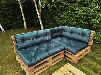 Garden Outdoor Pallet Cushions EURO Corner Sofa 1.2x2m Teal Green Velvet Tufted • £199.95