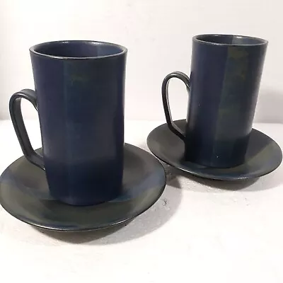  Iron Mountain VTG Blue Stoneware N. Patterson 2×Tall Coffee/Tea Cups & Saucers  • $38.99