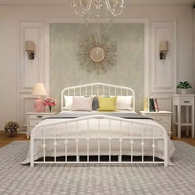 Elegant Queen Metal Bed: Vintage Head/Footboard White Classic • $178.51