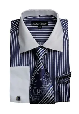 Men's Striped Dress Shirt W/ French Cuff Links Tie & Hanky Set #631 Navy Red • $24.99