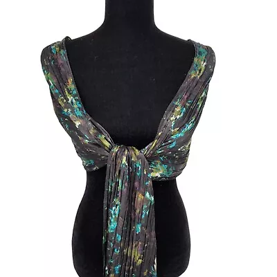 Satin Scarf Shawl Black Multicolor Abstract Accordion Pleated 11x80  Long • $14.95