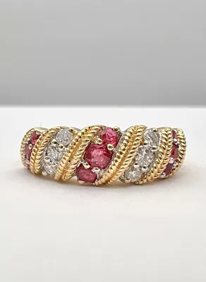 Vintage 18k Yellow Gold Diamond & Ruby Milgrain Stack Band Ring • $595