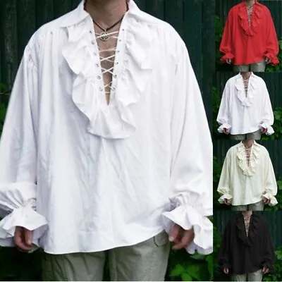 2024 Retro Men Gothic Puff Sleeve Shirt Victorian Medieval Ruffle Pirate Top HOT • £13.39