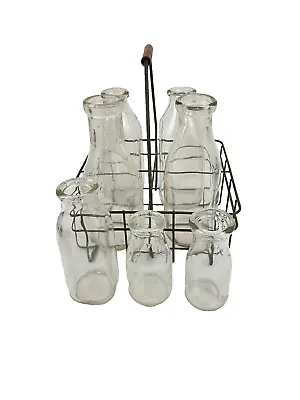 Set Of 7 Dairy Milk Bottle Jugs Clear Glass Dairy Containers With Metal Carrier • $69.99