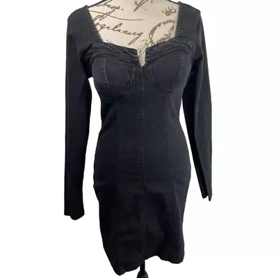 Thrill Jeans Denim Bodycon Dress Women M Black Long Slv Sweetheart Zip Stretch • $20