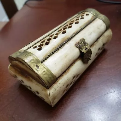 5 Inch Vintage Hinged Trinket Jewelry Box Treasure Chest Camel Bone Brass Metal • $19.99