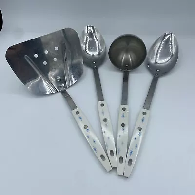 MCM Atomic Starburst Kitchen Utensil Set Stainless Slotted Spoon Ladle Lot Of 4 • $24