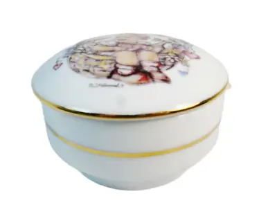 M J Hummel White Porcelain Round Trinket Box Girl Spring Basket Floral Germany • $22.99