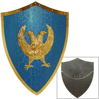 Medieval Two Headed Eagle Shield Knights Prop Wall Hanger Blue & Gold 25 Inch • $51.93