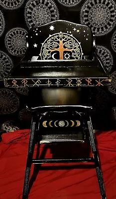 Vintage Black Wooden High Chair Upcycled With Tree Of Life For The Young Warrior • $199