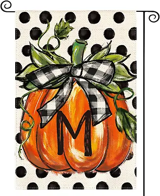 Fall Monogram Letter M Garden Flag Polka Dot Pumpkin 12X18 Inch Double Sided Out • $19.99