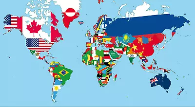 Flags Of The World And World Map Wall Art Self Adhesive Vinyl Sticker Poster V3 • £16.50