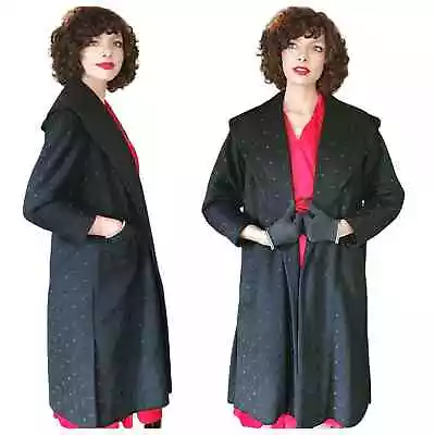 Vintage 50s Black Wool Swing Coat Polkadot Texture • $150