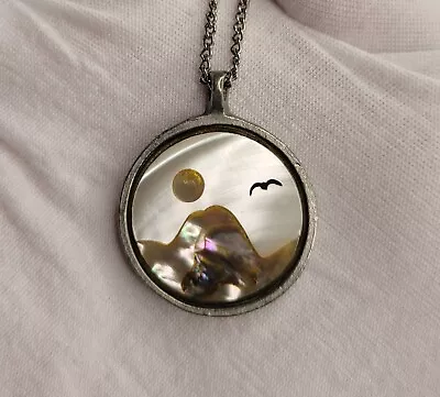 Vintage MOP Abalone Pendant Necklace Shell Scenic Bird Wave Sun Scene • $23.99