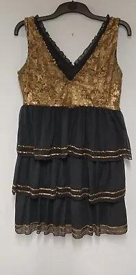 Miss Selfridge Flapper Dress Black Gold Size 10 20s Sparkle Party Special Boho • £14.99