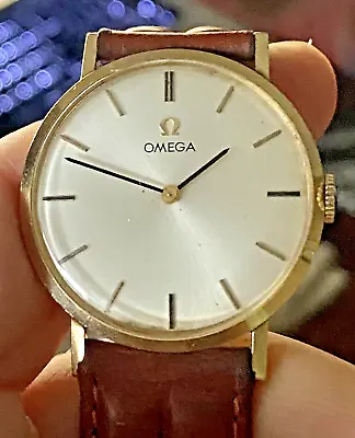 MENS OMEGA 33MM 14K SOLID GOLD SILVER DIAL MANUAL WIND RUNNING +5Sec/D • $995