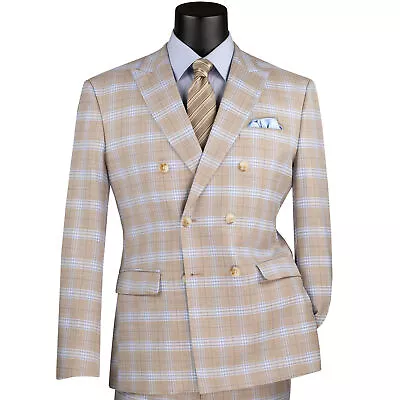 VINCI Men's Tan Windowpane Double-Breasted Slim-Fit Suit - NEW • $115
